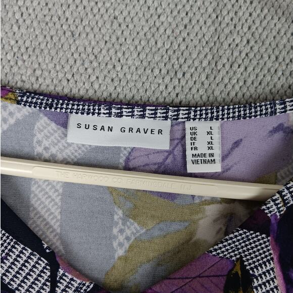 Susan Graver Liquid Knit Blouse Womens L Purple/Black Floral Boho Chiffon Ruffle - Picture 7 of 15